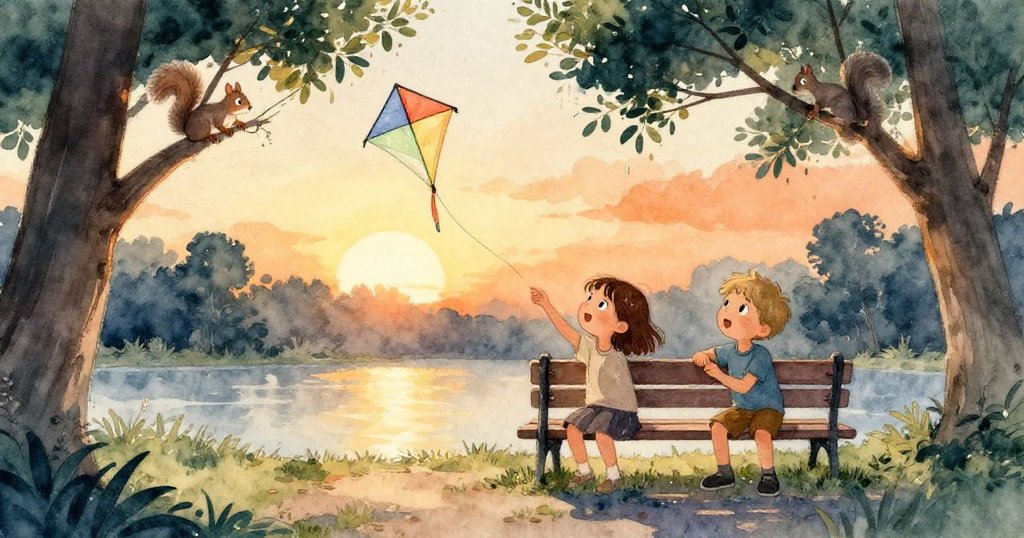 暮色黃昏中，濕風箏平放長椅邊，Viola與Cruz靜觀成果，旁有灰松鼠在紫杉枝上嬉戲，結尾溫馨平和。