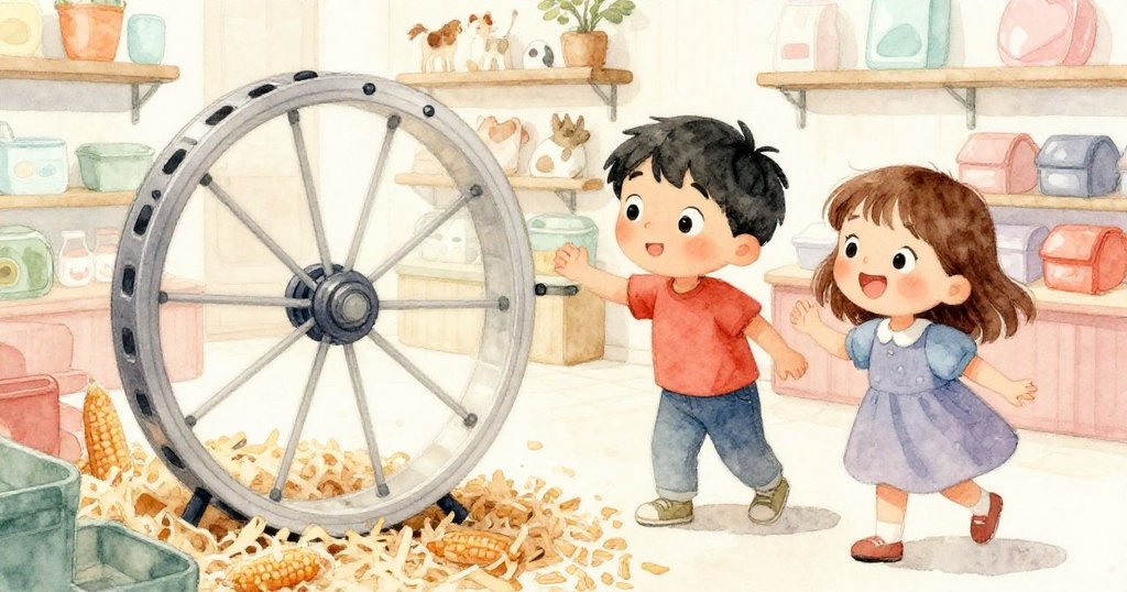 Amos和Hana在寵物店內探索，傾斜角度呈現旋轉塑膠輪與木屑、乾玉米，情緒好奇，場景充滿童趣與自然元素。