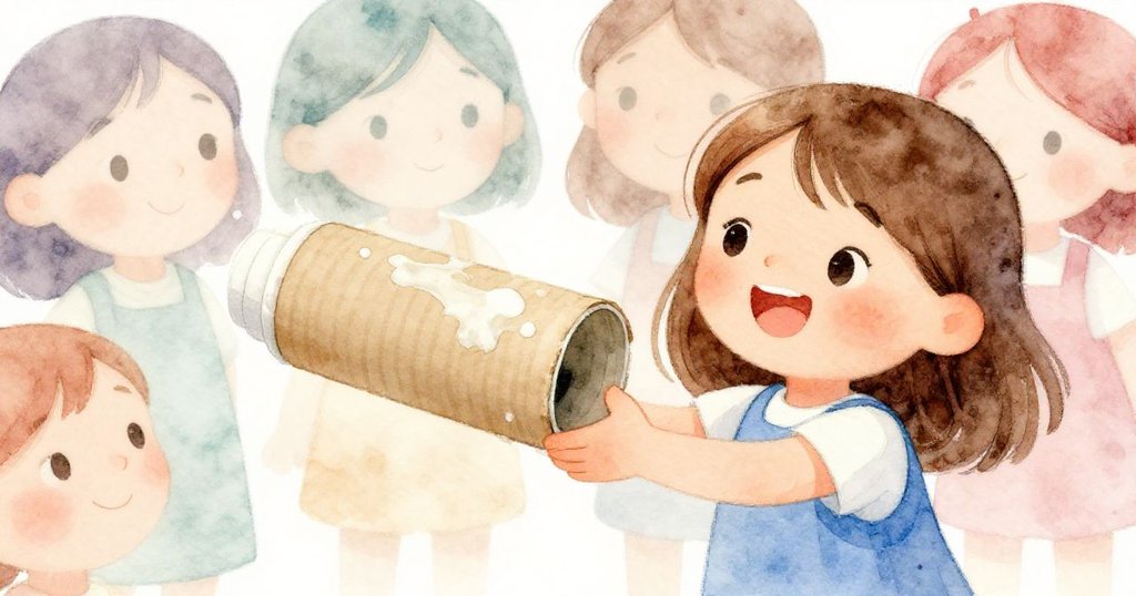 Hana手持帶膠邊的紙筒仔細檢查，背景隱約見到寵物籠，情緒專注期待，展示探索動作。