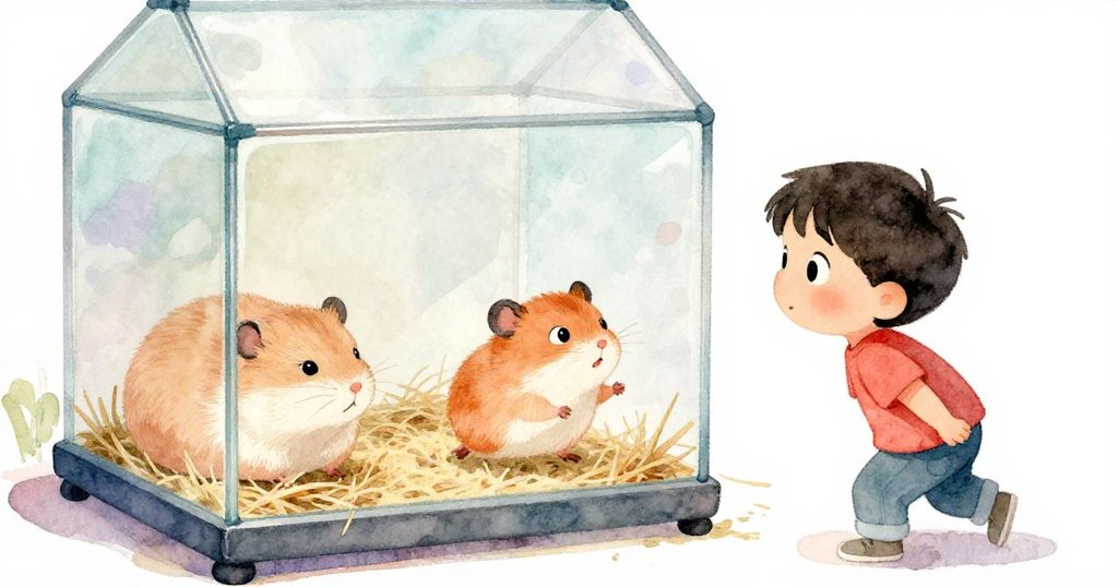 Amos專注觀察籠內兩隻倉鼠，前景有稻草細節，一隻隱藏僅露耳尖，一隻活潑奔跑，層次豐富氛圍溫暖。