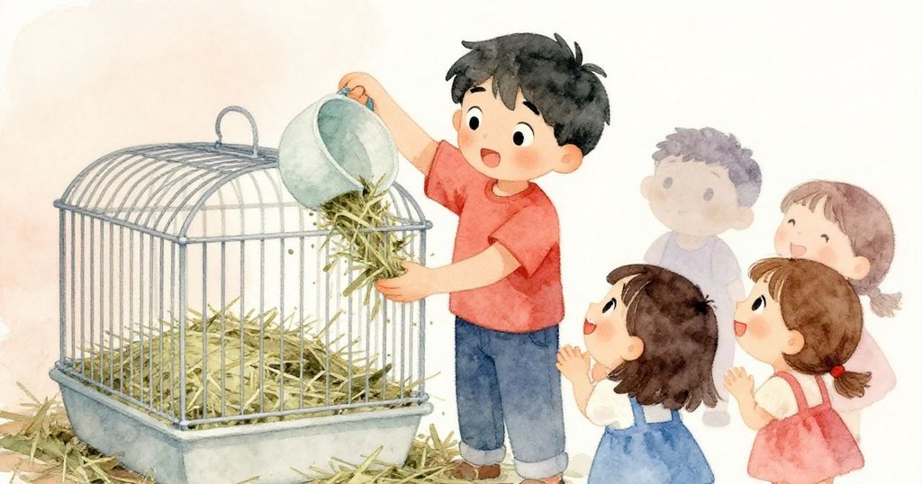 工作人員從上方灑下新鮮的提摩西草，召喚沉睡倉鼠，Amos和Hana滿懷期待注視，室內寵物店氛圍溫馨。