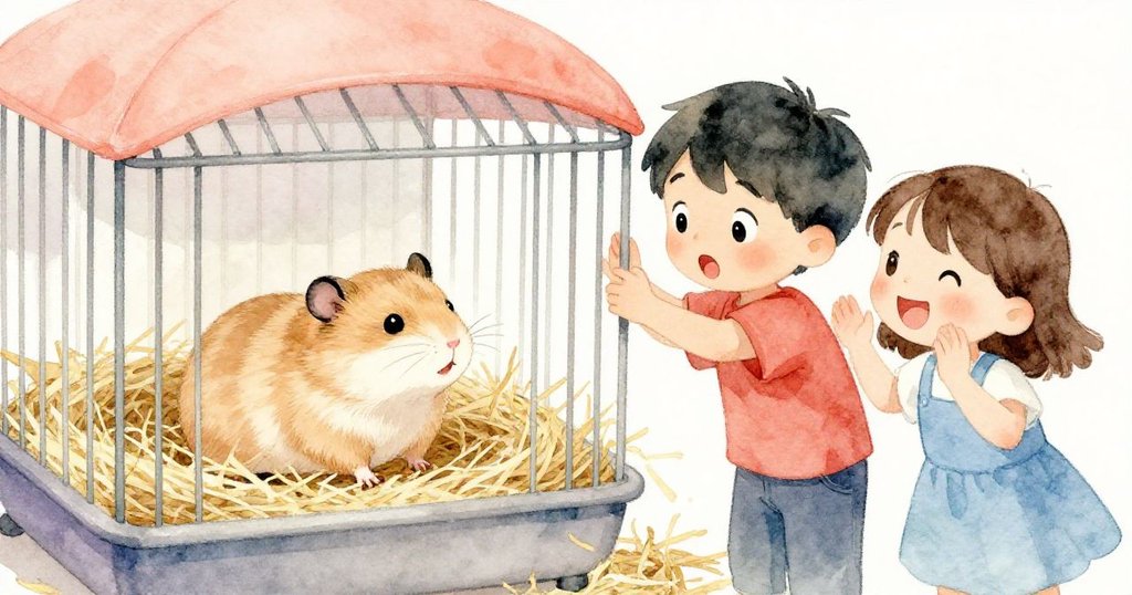 倉鼠帶淡條紋突然探出稻草，Amos和Hana驚喜滿臉，展現動物甦醒的激動瞬間，情緒高漲。