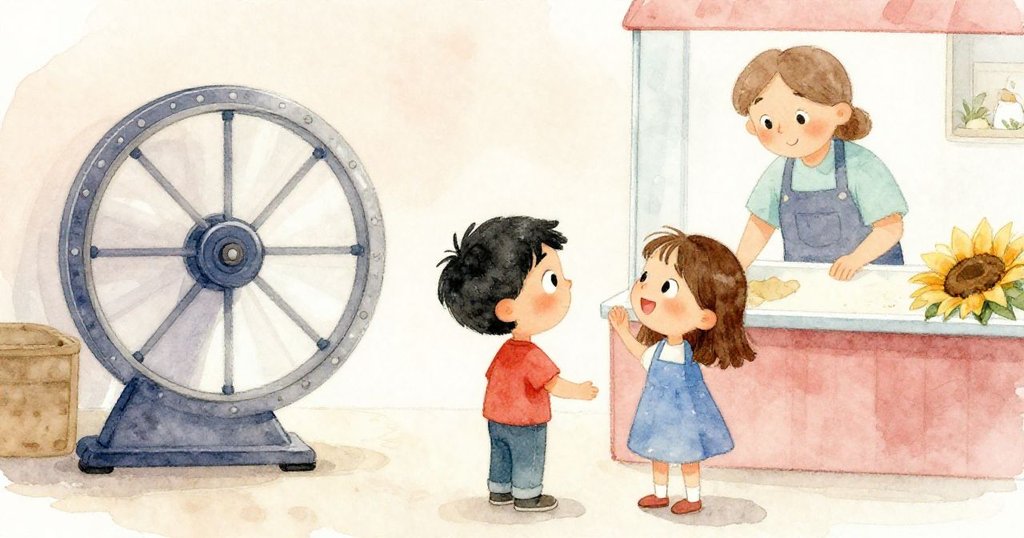 Amos和Hana感謝工作人員後退，背景中塑膠輪不規則轉動，向陽花穗輕響作結尾，寓意溫柔告別。