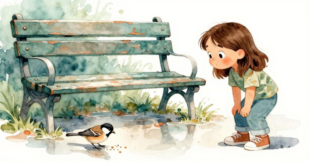 在火車站內,一個斑駁的候車板凳及手扶欄上有脫落的漆面,Faye好奇地觀看,旁邊麻雀在水潭啄食。