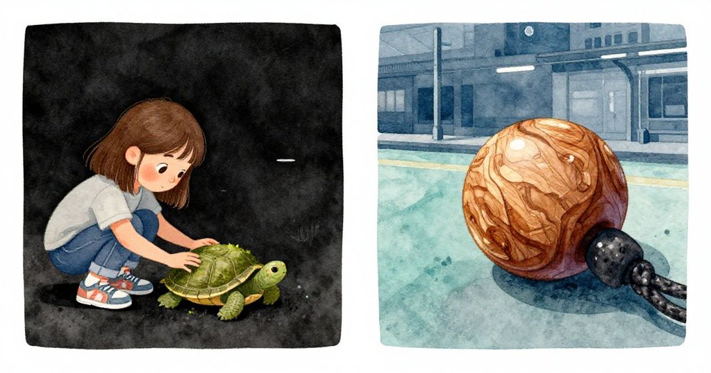 Faye蹲下輕觸嵌於橡膠邊的小烏龜雕刻,左邊展現她專注神情,右邊特寫發光木紋細節。