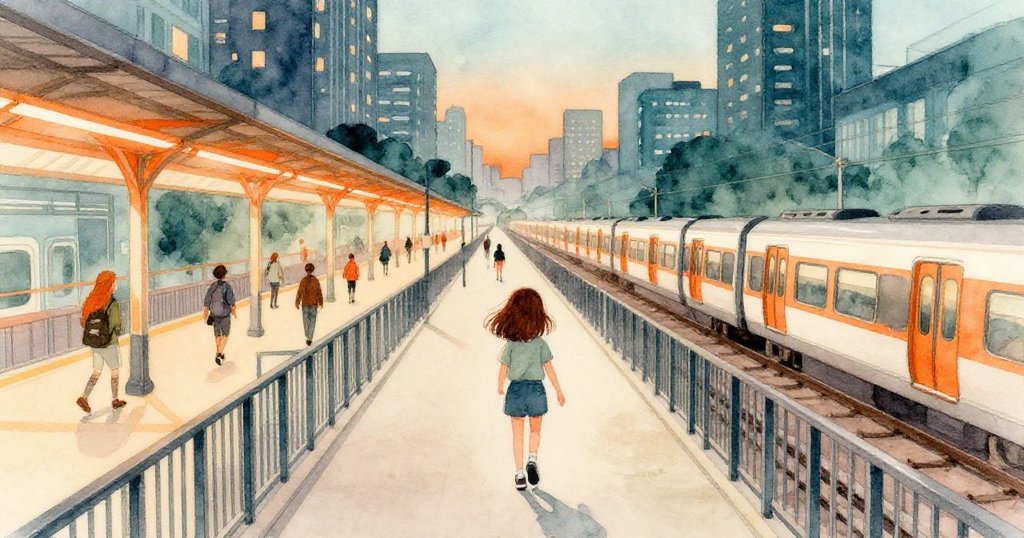 火車緩離站,Faye向天橋走去,背景中乘客靜步穿梭,城市燈光映照候車區,展現動感與平靜共融。
