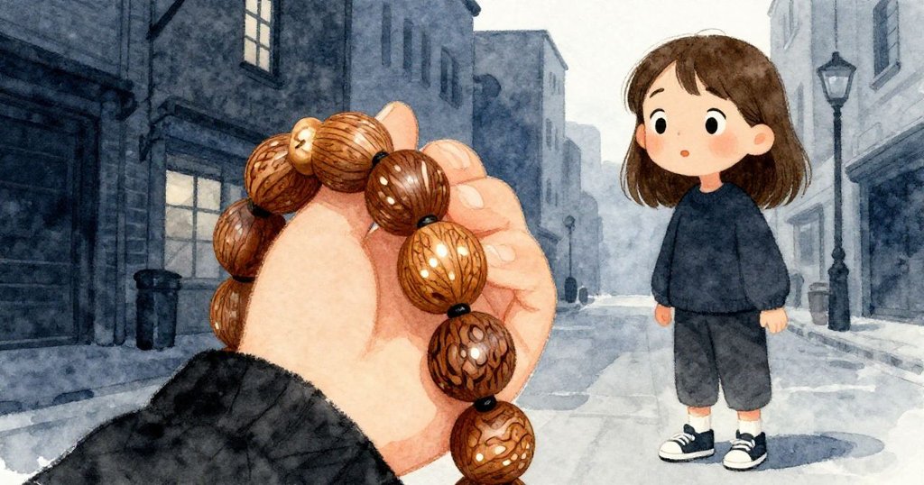 Faye專注地用手指轉動刻紋發光的烏龜雕刻小珠,面露驚奇,背景展現候車區粗糲質感。