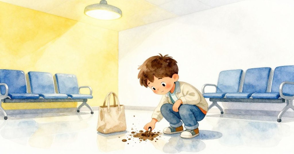 Owen蹲在診所候診室內，手持手提袋研究明暗交錯的泥印，表情充滿好奇與期待。