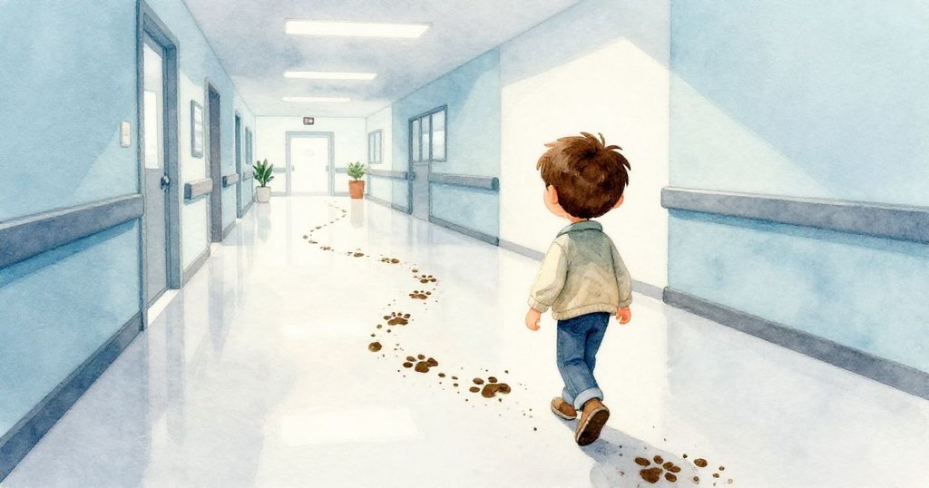 從Owen背影看見他順著診所走廊上搖曳的泥印前行，神情專注充滿好奇，場景現代而富層次。