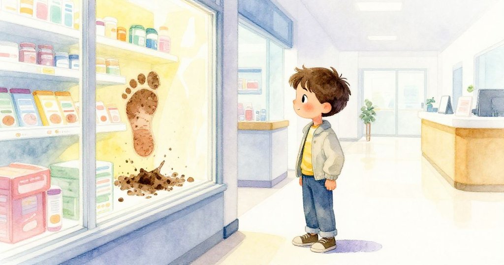 Owen停下腳步，在藥局窗邊注視反射出的光暈與消失的泥印，神情沉思，充滿現代感。