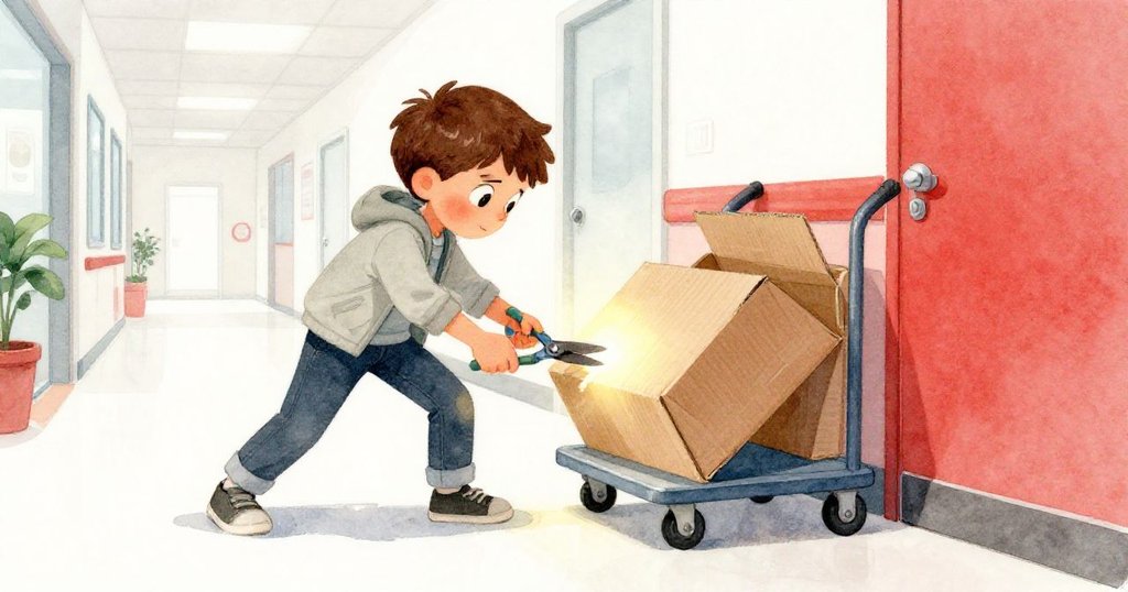 Owen跪在走廊中，用園藝剪刀巧妙撬動卡住的紙箱，眼神堅定，動作果斷，展現現代都市氛圍。