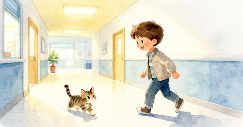 Owen微笑著目送小貓溫柔穿越走廊邊緣，走向暖光閃爍的停車場，場景溫馨而充滿希望。