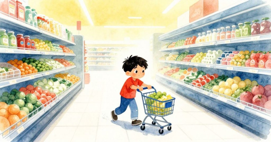 Cruz在超市走道推著車，手上覆滿冷凝水，燈光交錯下呈現現代化環境，展現努力與好奇心。