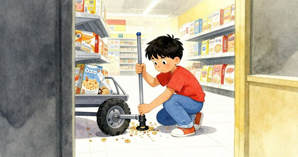 Cruz蹲下用輕便標杆解困，紙盒隨機散落，透過半掩門框捕捉動感專注的超市一角。