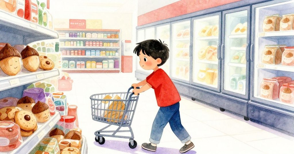 Cruz解困後穩健推車，伴著燈光柔和變化穿越超市，前行至堅果餅乾區，展現平靜堅定心情。