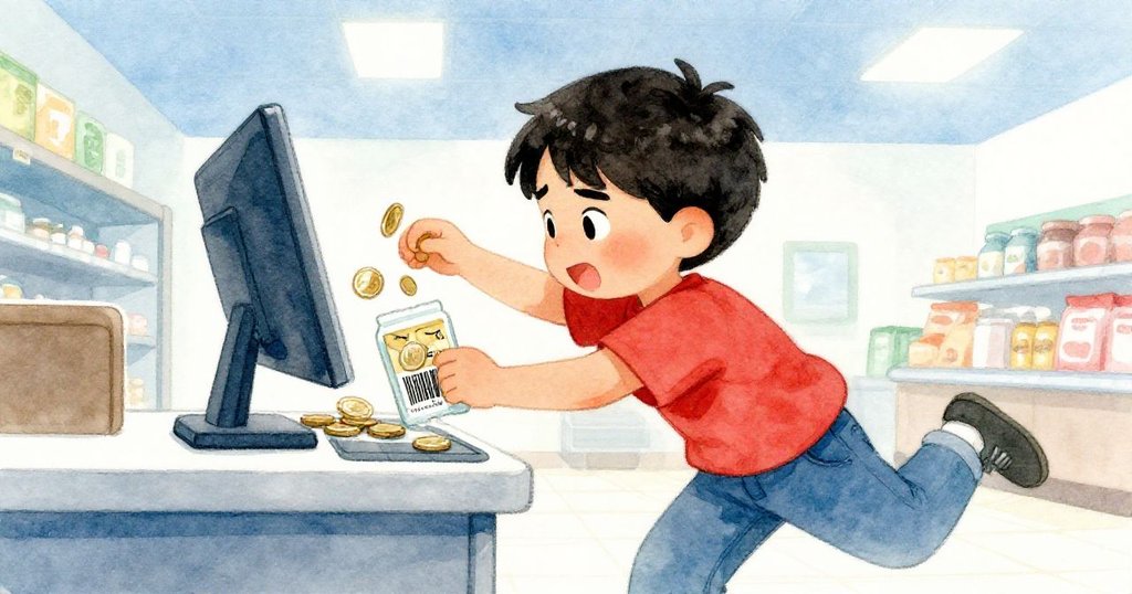 Cruz在自助結帳區急速調整商品包裝，動態中顯露決心，硬幣聲與明亮燈光襯托現代超市景象。