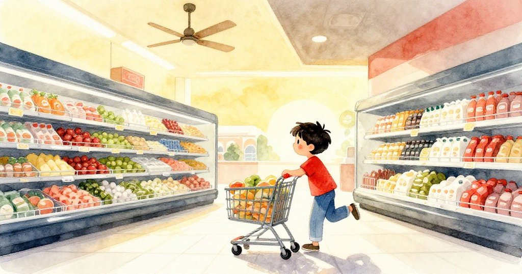 Cruz推著順暢車子從出門口走出，臉上露出輕鬆笑容，夕陽微映現代超市告別溫馨景致。