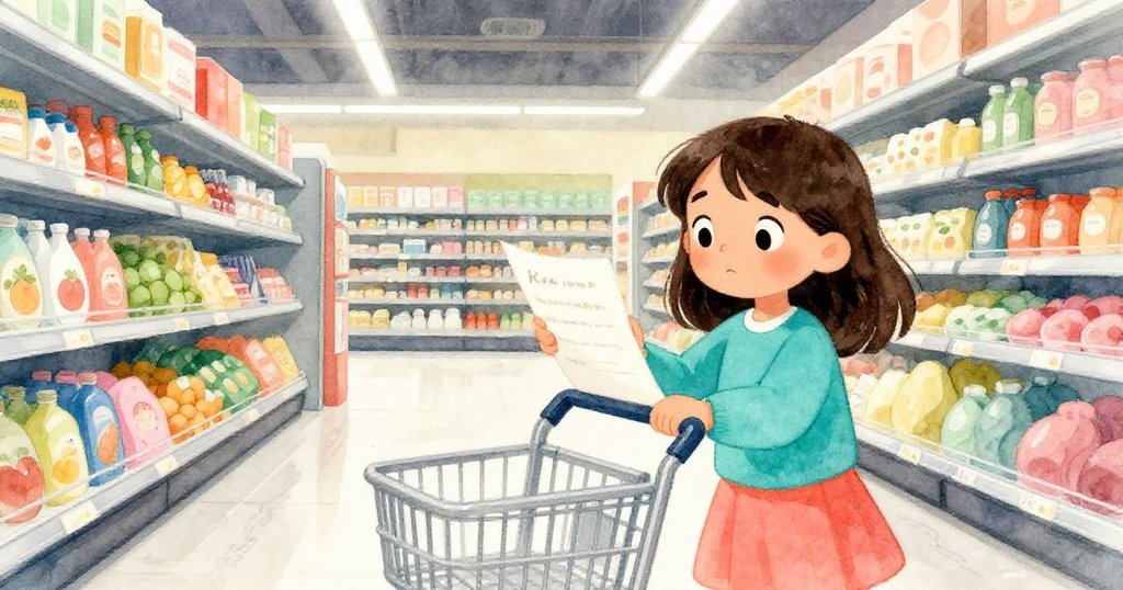 Kira 站在靜謐的超市走廊，手握濕滑購物車把手檢查手寫清單，周圍燈光柔和，展現行動前的寧靜瞬間。