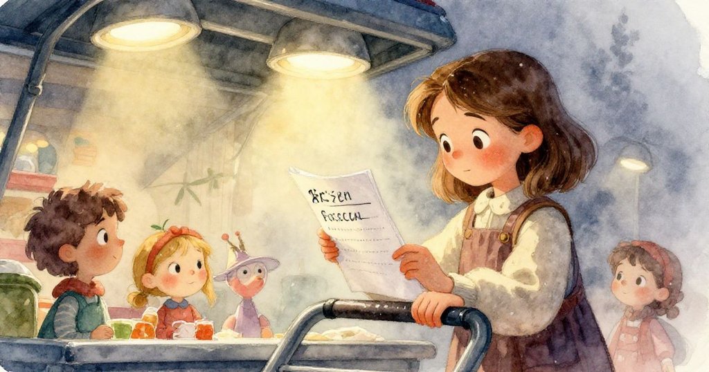 Kira 的手細緻檢查手寫清單，背景隱約可見玻璃冷卻櫃反射出柔和冷光，表現出專注與決心。