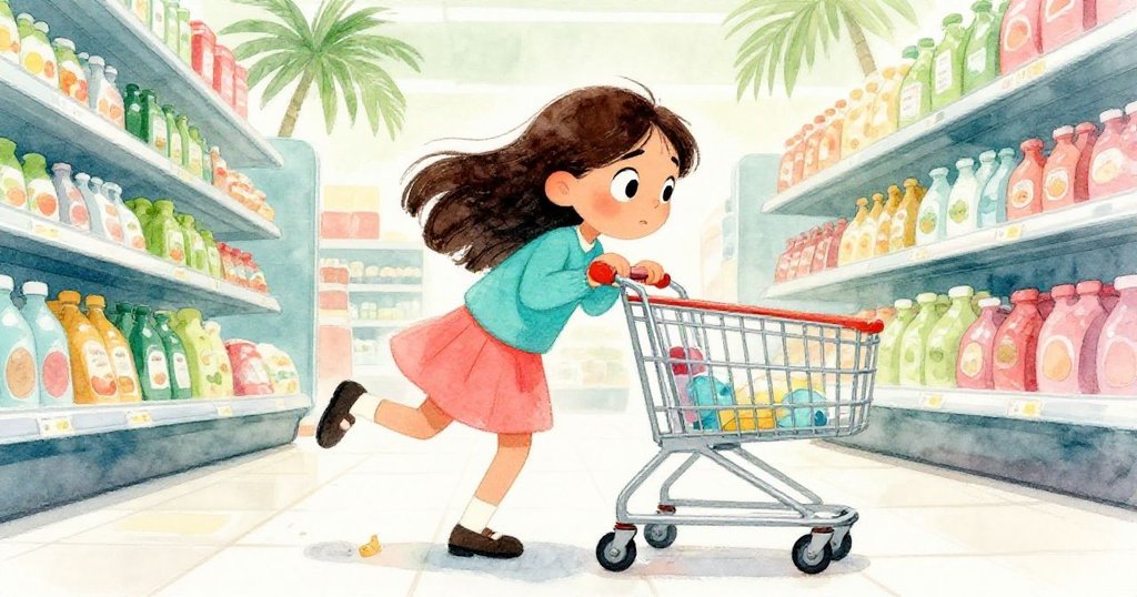 Kira 推動購物車，低角度展現她堅定的表情與活力，背景中隱現鬆動的輪子和舊貼紙痕跡，氣氛充滿預兆。