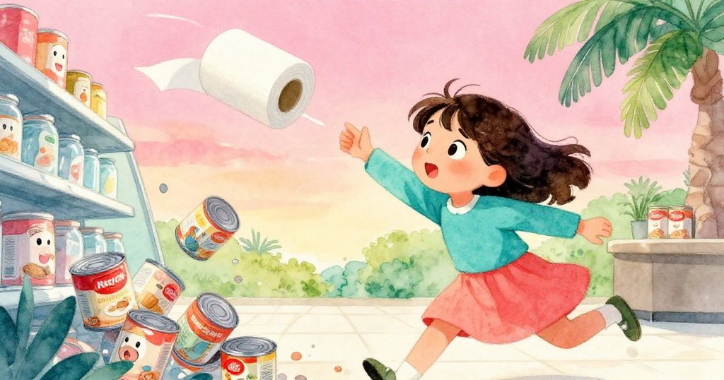 Kira 在混亂中急速奔跑，試圖抓住滾動的紙巾，背景中翻倒的湯罐和玻璃罐展示，表情既焦急又堅定。