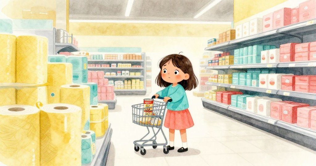 Kira 站在購物車停放區面對混亂後的寧靜，散落的紙巾和穩定的湯罐彰顯出事態終於平息，臉上露出鬆一口氣的神情。