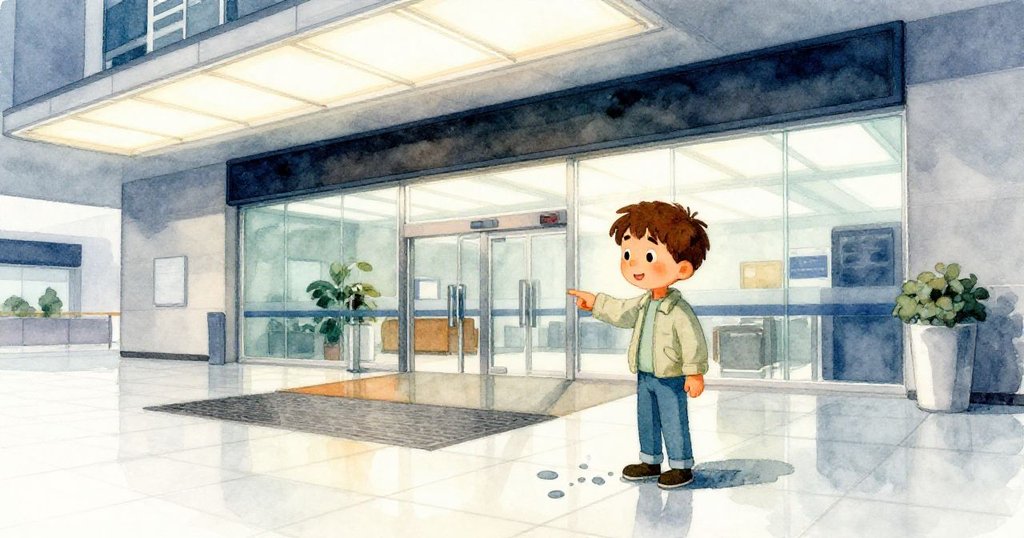 Wade在現代關卡入口處指著濕漬，明亮天花板與瓷磚環境映襯著眾人低語，場景活力十足。