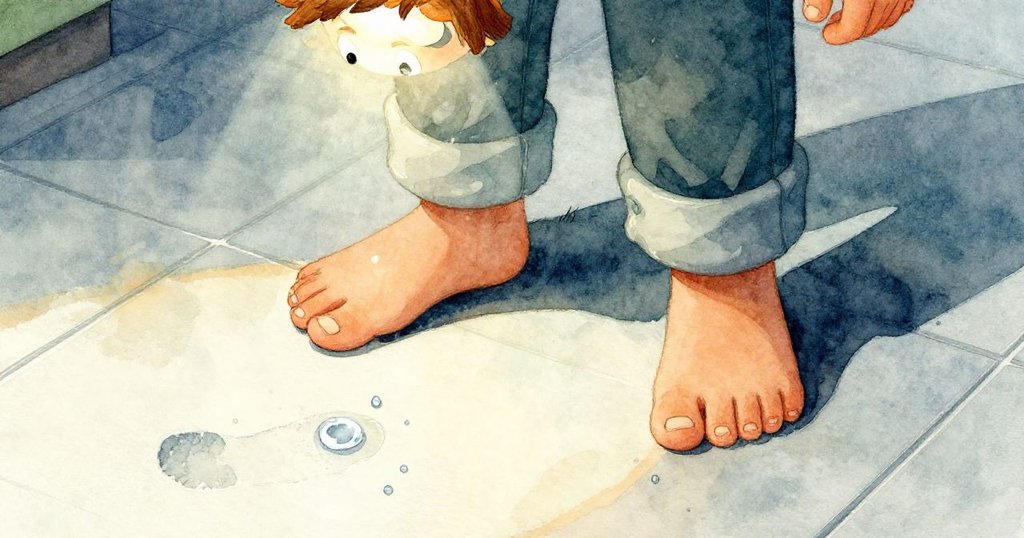 Wade小心踏行於濕潤瓷磚上，鞋印褪色且水滴閃爍，展現現代關卡細緻地板細節。