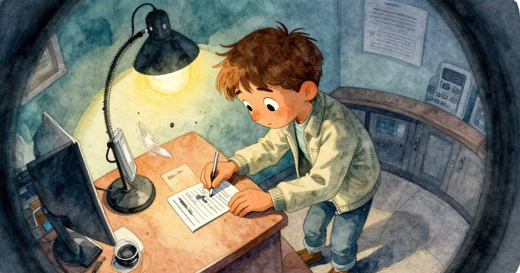 Wade彎身處理沾墨表格，扭曲視角中燈光溫暖映衬細膩墨跡，神情專注呈現緊張辦事場面。