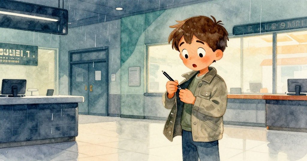 Wade驚覺外套上滲出異色水滴，室內充滿雨意與微光，神情透露出疑惑與意外發現。