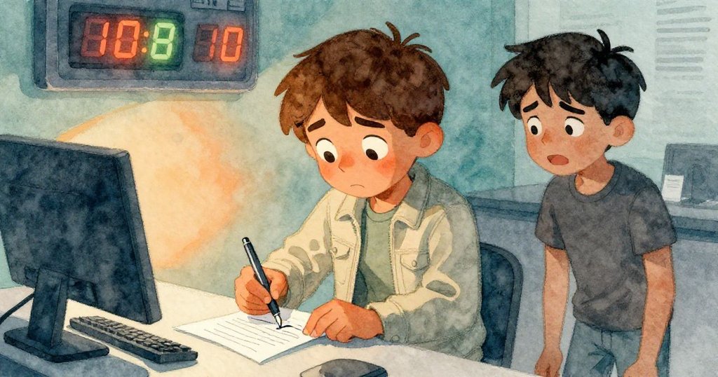 Wade與青少年注視閃爍數字，緊張重包滲墨筆，神情焦慮映襯現代辦事桌面細節。
