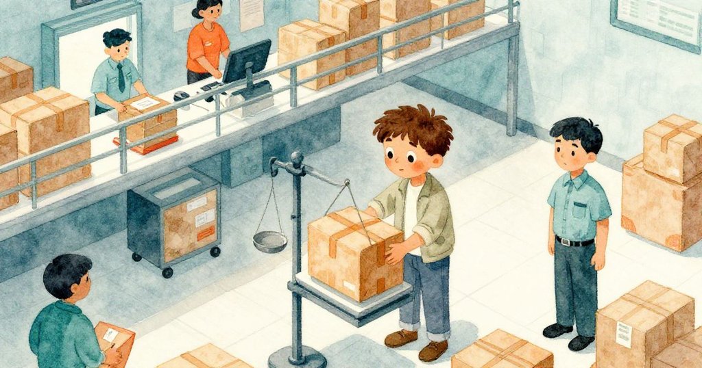 Wade於櫃檯上仔細放置包裹，背景中櫃員與分揀員於上層忙碌，整體辦事大廳充滿希望與連續性。