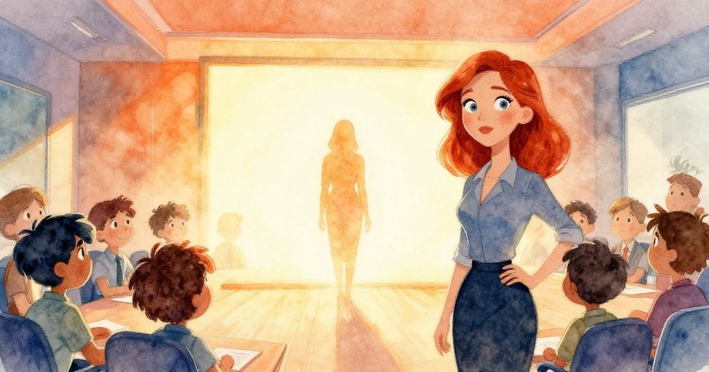 Ruby 輕快步入亮堂會議室，剪影映襯牆上明亮矩形背景，展現堅定與期待的神情。