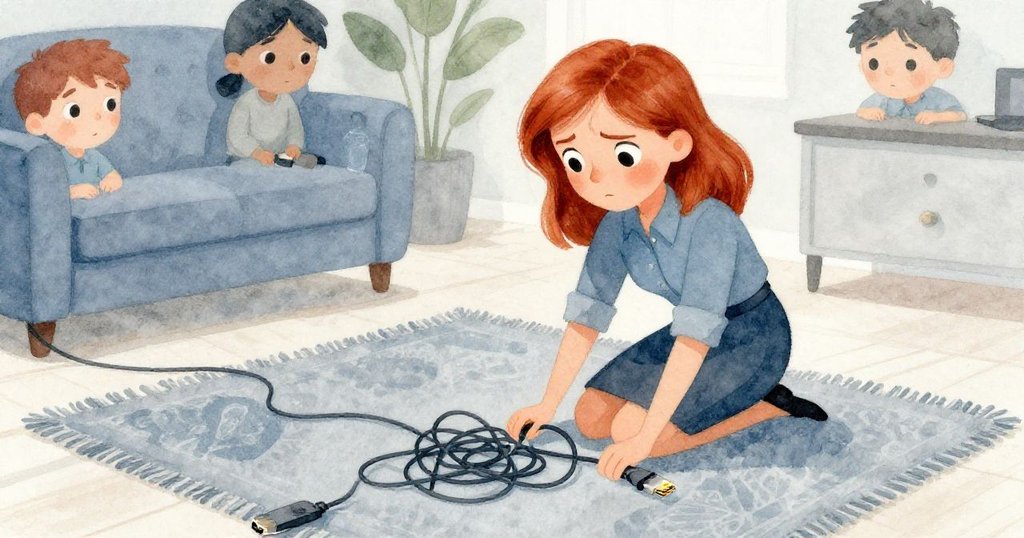 Ruby 蹲地沿著纏繞HDMI線仔細尋找，面帶專注與憂慮，手法細膩展現追查過程。