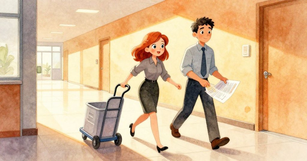 Ruby 與Kane在光亮走廊急行，從高處視角顯示兩人靈活避開維修車，展現追尋解決方案的堅定意志。