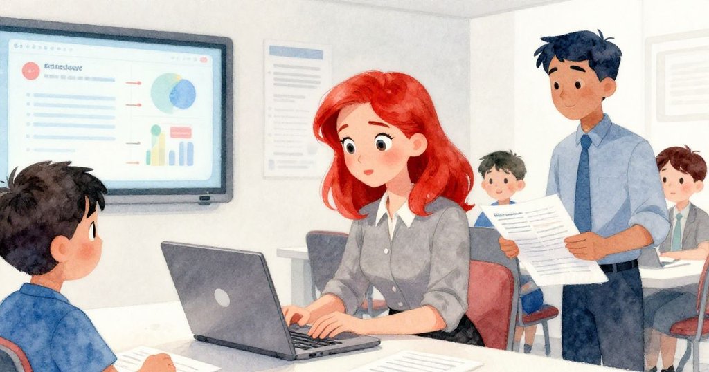 Ruby 在會議室內果斷敲擊筆電空白鍵，與Kane並肩注視投影幻燈片，流露出專注與緊張的氣氛。