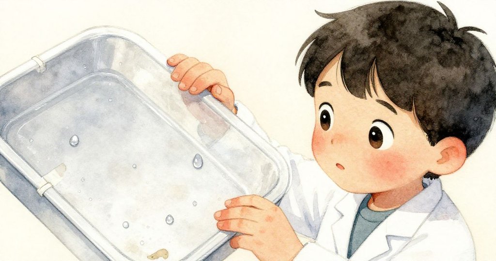 Dean仔細檢查托盤上膠帶接縫與凝結露珠，專注表情呈現實驗室細節，質感豐富，氛圍明亮。