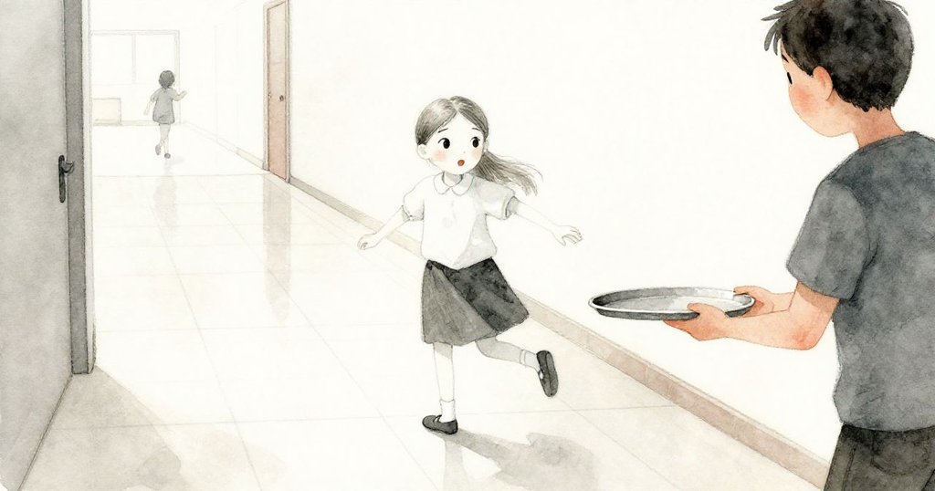 Sara走進溫暖走廊，表情微顯憂慮，一位同學匆匆而過，光影交錯在平滑瓷磚上，氛圍柔和。