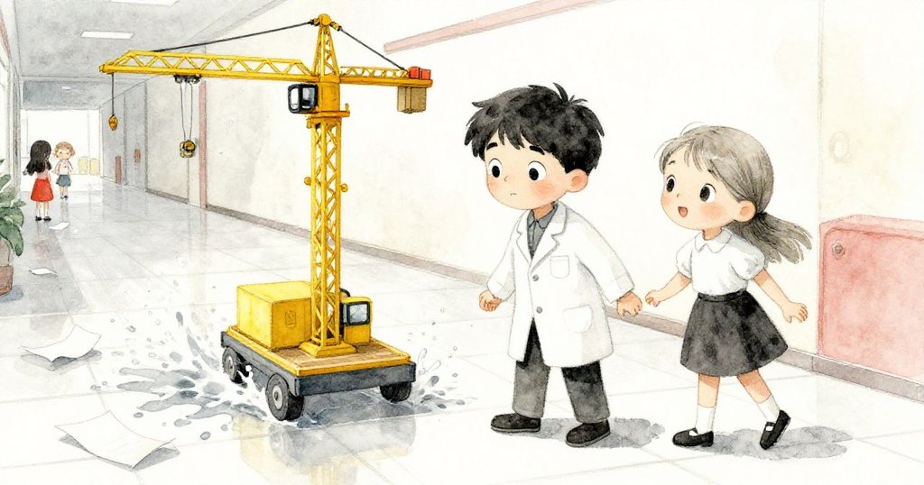 走廊中水花濺起，Dean與Sara驚慌互望，黃色模型起重機於車上移動，濕潤環境張力十足。