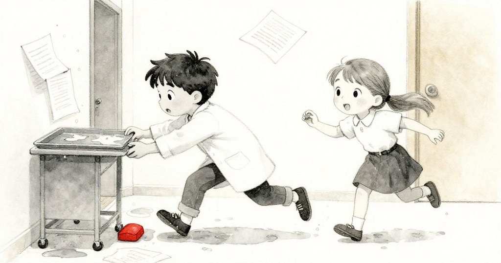 Dean迅速將托盤放桌上，用橡膠門擋固定車輪，Sara緊隨協助，兩人神情堅定，共同面對溢水危機。