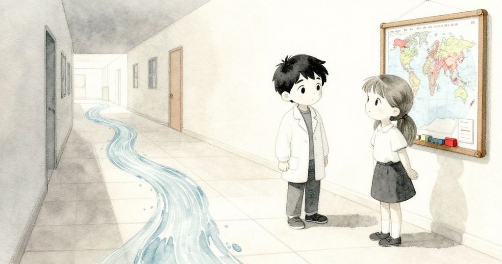 Dean與Sara靜立觀看水沿瓷磚縫隙緩流，地理板背景映出平和氣氛，神情放鬆，情節落幕。