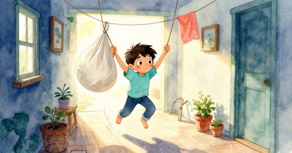 Kent揮動洗衣袋穿過晨曦走廊，濕潤空氣和柔光襯托出他滿懷期待與活力的神情，家居溫馨。