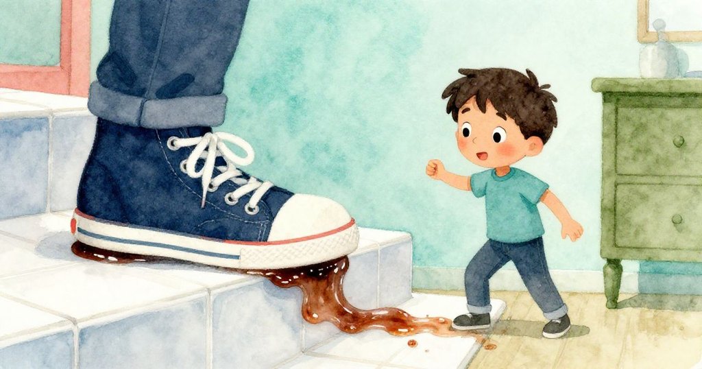 Kent的鞋子輕觸樓梯上暗糖痕，細膩質感與柔光營造出神秘尋蹤的溫馨室內場景。