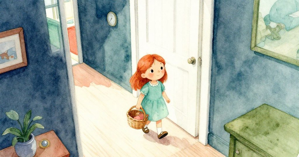 Nora提著柳條籃從走廊裡現身，溫暖光影中散發出好奇與專注，室內環境親切宜人。