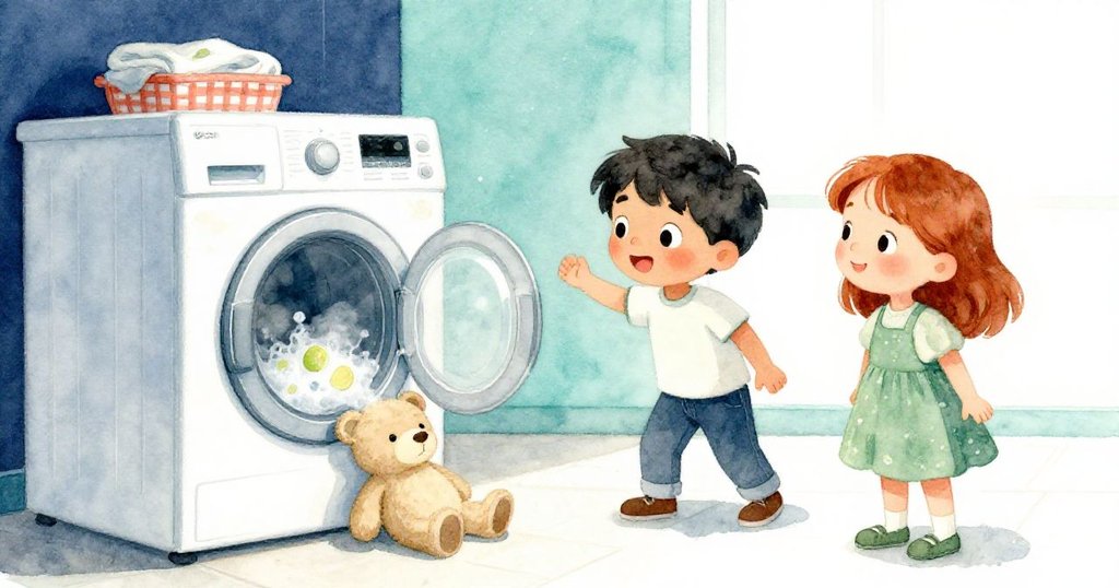 洗衣房內機器發出蒸氣，Kent與Nora注視著阻擋烘衣機的濕布偶，臉上表情複雜而溫暖。