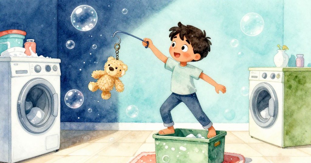 Kent在濕滑的洗衣房跨步，手持衣架勾出濕布偶，動作果斷中透露緊張與驚喜。