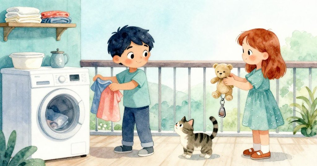 Kent整齊裝載衣物，Nora安放布偶，陽台上貓咪輕觸金屬鑰匙，溫馨結局展現家居寧靜。