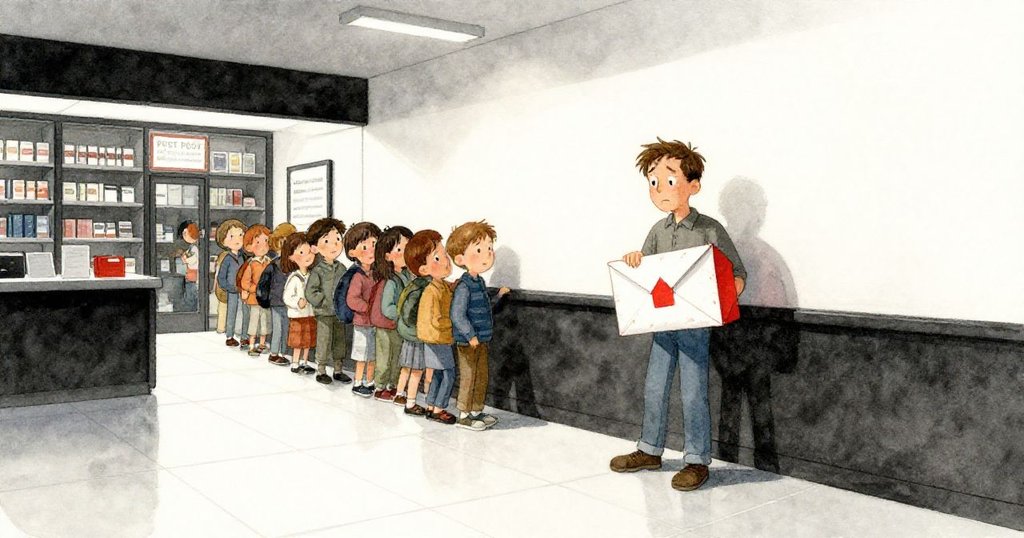 Sam在郵局內排隊等待,神情專注焦慮,木製櫃檯與老舊風扇形成溫暖對比,紅色印記明顯。