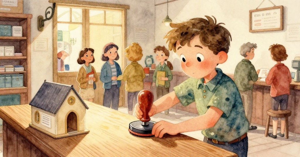 Sam的手用力按壓印章,細緻描繪盒子屋頂和紅色印記,焦點集中於物品與細節表現。