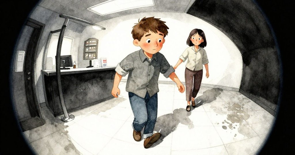 Sam謹慎走在光滑磁磚上,畫面扭曲變形中Ruby隱約現身,現代郵局內暗影與紋理交錯。